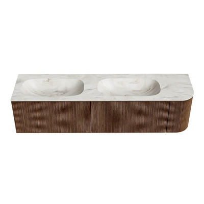 MONDIAZ KURVE-DLUX 175cm Meuble salle de bain avec module 25 D - couleur Walnut - 2 tiroirs - 1 porte - vasque STOR SMALL double / gauche - 2 trous de robinet - couleur Ostra