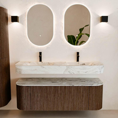 MONDIAZ THOR-DLUX 140cm badmeubel ronding links + rechts kleur Walnut met 1 lade en 2 deuren. Vrijhangende wastafel CLOUD Dubbel 2 kraangaten kleur Glace.