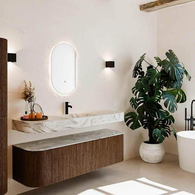 MONDIAZ THOR-DLUX 160cm meuble de salle de bains arrondi gauche + droite couleur Walnut avec 1 tiroir et 2 portes. Vasque suspendue CLOUD Milieu 1 trou de robinet couleur Glace.