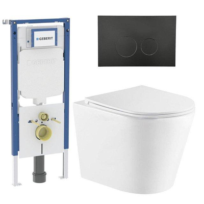 QeramiQ Dely Toiletset - 36.3x51.7cm - diepspoel - rimless - Geberit UP720 inbouwreservoir - softclose toiletzitting - mat zwarte bedieningsplaat - ronde knoppen - wit mat
