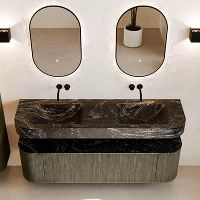 MONDIAZ THOR-DLUX 160cm meuble de salle de bains arrondi gauche + droite couleur Shadow avec 1 tiroir et 2 portes. Vasque suspendue CLOUD Double sans trou de robinet couleur Lava.