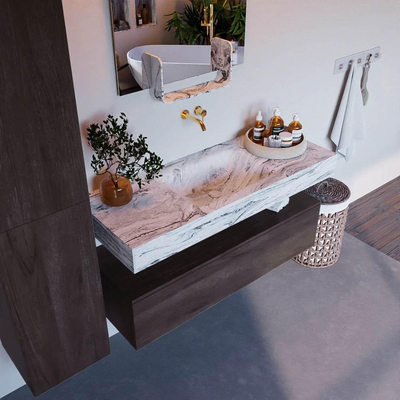 Mondiaz ALAN-DLUX Ensemble de meuble de salle de bain - 80x46cm - 1 tiroir - vasque suspendue - sans trous de robinetterie - 1 au centre - Dark Brown (chêne foncé)