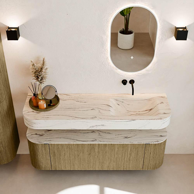 MONDIAZ THOR-DLUX 150cm meuble de salle de bains arrondi gauche + droite couleur Dusk avec 1 tiroir et 2 portes. Vasque suspendue CLOUD Droite sans trou de robinet couleur Nata.