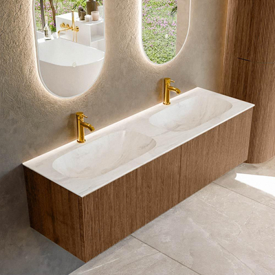 MONDIAZ KURVE-DLUX 150cm Meuble salle de bain - couleur Walnut - 2 tiroirs - vasque STOR SMALL double - 2 trous de robinet - couleur Ostra