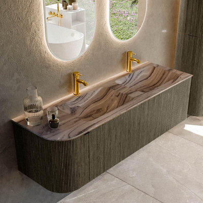 MONDIAZ KURVE-DLUX 145cm badmeubel ronding Links kleur Shadow met 1 lade en 1 deur. Wastafel LEAF Dubbel / Rechts 2 kraangaten Sombra.