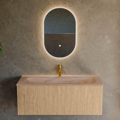 MONDIAZ KURVE-DLUX 110cm badmeubel kleur Oak met 1 lade en 0 deuren. Wastafel BIG MEDIUM Midden 1 kraangat Saba.