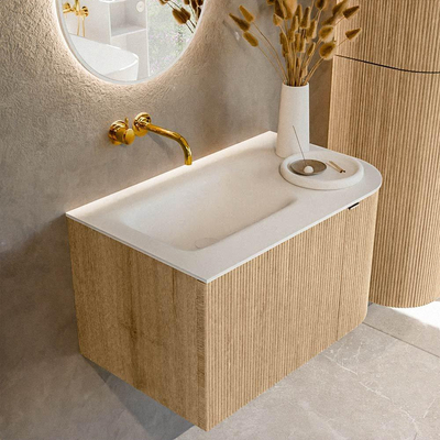 MONDIAZ KURVE 75cm badmeubel met module 25 R kleur Oak met 1 lade en 1 deur. Wastafel GRUNNE links zonder kraangat Talc.