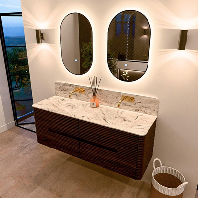 Mondiaz CIRO-DLUX Badkamermeubelset - 140x45x50cm - Solid surface wastafel Glace - 2 wasbak Dubbel - zonder kraangaten - 4 lades - Walnut