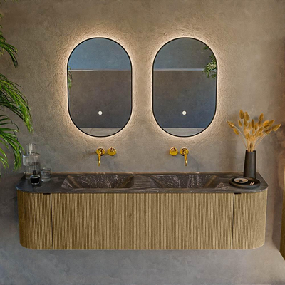 Mondiaz KURVE-DLUX Ensemble de meuble de salle de bain - 170x46x40cm - 1 tiroir - 2 portes - vasque solid surface - double - sans trou de robinet - Dusk