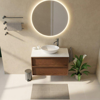 Saniclass Holz Frame Ensemble de meubles de salle de bains - 100x45x63cm - Plan vasque en marbre Dia poli (blanc) - 1 trou de robinet - 2 tiroirs - walnut pure mat (bois)
