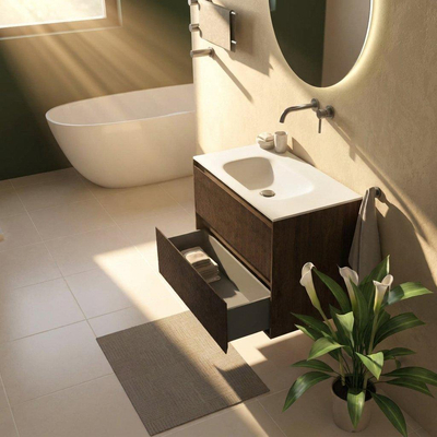 Saniclass Holz Atelier Ensemble meuble de salle de bains - 80x45x61.5cm - Flow lavabo Solid Surface blanc - 1 vasque - sans trou de robinetterie - 2 tiroirs - chêne charcoal mat (bois)