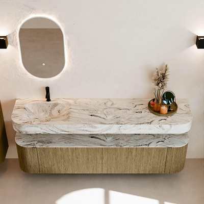 MONDIAZ THOR-DLUX Meuble de salle de bains 190cm arrondi gauche + droite couleur Dusk avec 2 tiroirs et 2 portes. Vasque suspendue CLOUD Gauche 1 trou de robinet couleur Glace.