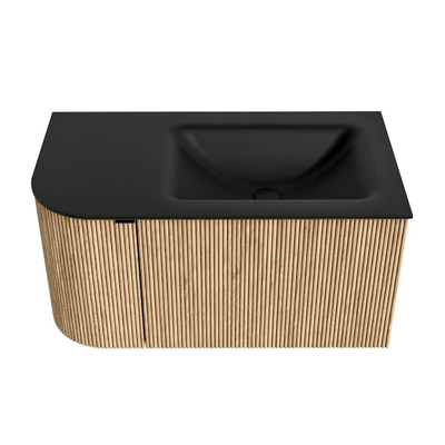 MONDIAZ KURVE meuble de salle de bain 85cm avec module 25 L couleur chêne avec 1 tiroir et 1 porte. Lavabo CLOUD droite sans trou de robinetterie Urban.