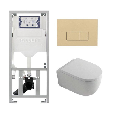 QeramiQ Dely Swirl Pack WC suspendu - 36.3x51.7cm - bâti-support Geberit UP320 - abattant 35mm - plaque de commande beige - boutons rectangulaires - blanc mat