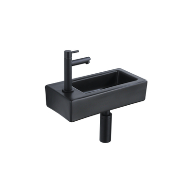 QeramiQ Fuente pack lave-mains – 37,5 x 18,5 x 9 cm – céramique noir mat – perçage à gauche – robinet noir mat
