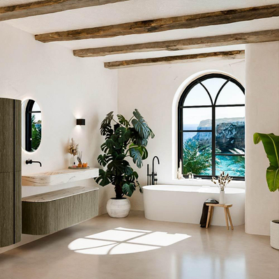 MONDIAZ THOR-DLUX 150cm meuble de salle de bains arrondi gauche + droite couleur Shadow avec 1 tiroir et 2 portes. Vasque suspendue CLOUD Gauche sans trou de robinet couleur Nata.