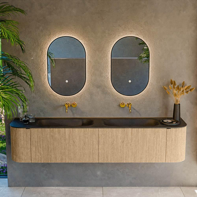 MONDIAZ KURVE Meuble de salle de bains 200 cm avec module 25 Len R couleur chêne avec 2 tiroirs et 2 portes. Lavabo BIG SMALL double sans trou de robinet Urban.