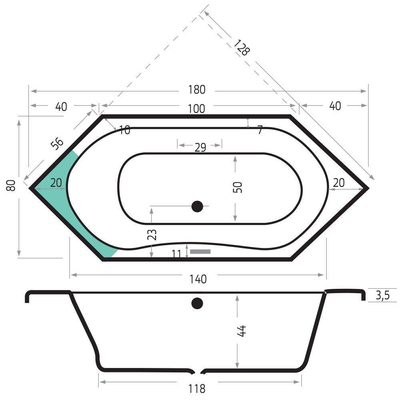Xenz Lucia Baignoire d'angle - 180x80x47 - bonde centrale - acrylique - blanc