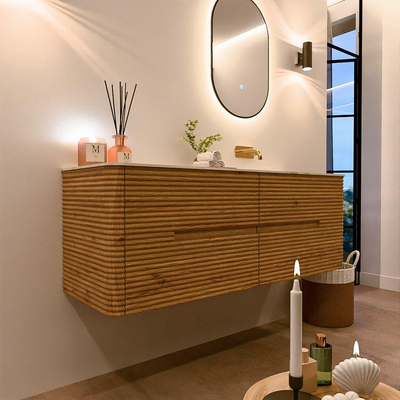 Mondiaz CIRO-DLUX Ensemble de meubles de salle de bains - 140x45x50cm - Plan vasque solid surface Ostra - 1 lavabo à droite - sans trous de robinet - 4 tiroirs - Chêne