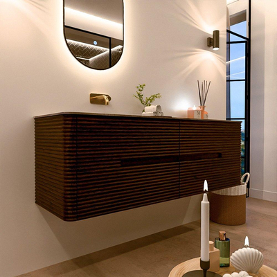 Mondiaz CIRO-DLUX Badkamermeubelset - 150x45x50cm - Solid surface wastafel Sombra - 1 wasbak Links - zonder kraangaten - 4 lades - Walnut