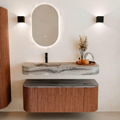 MONDIAZ THOR-DLUX 120cm meuble de salle de bains arrondi gauche + droite couleur Ruby avec 1 tiroir et 2 portes. Vasque suspendue CLOUD Gauche 1 trou de robinet couleur Sombra.