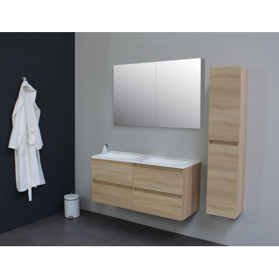 Basic Bella Meuble avec lavabo acrylique sans trou de robinet 120x55x46cm avec armoire toilette à 2 portes gris Chêne