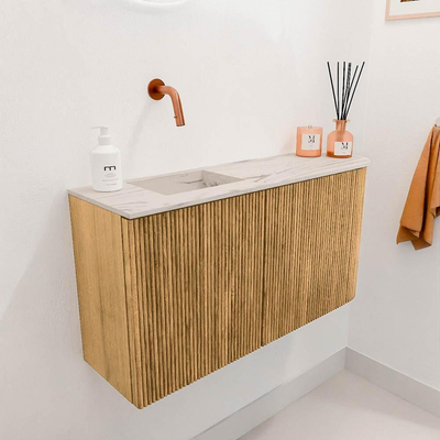 Mondiaz JOYA-DLUX 81.6cm toiletmeubel - ronding rechts kleur Oak - Wastafel FAYE positie Links Zonder kraangat kleur Nata.