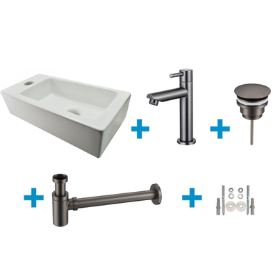 FortiFura Calvi Pack Lave-mains - 1 trou de robinet - gauche - robinet Metal Black - Blanc
