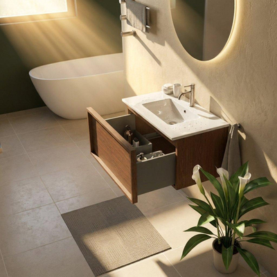 Saniclass Holz Frame Ensemble meuble de salle de bains - 80x45x42cm - lavabo Vygo en céramique blanc - 1 vasque - 1 trou de robinetterie - 1 tiroir - noyer pure mat (bois)
