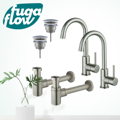 FugaFlow Eccelente Sobrado Badkamer Wastafelkraanset - voor dubbele wastafel - hoge wastafelkraan - draaibare uitloop - always open plug - verlaagde design sifon - PVD Geborsteld RVS