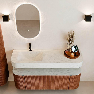 MONDIAZ THOR-DLUX 140cm meuble de salle de bains arrondi gauche + droite couleur Ruby avec 1 tiroir et 2 portes. Vasque suspendue CLOUD Gauche 1 trou de robinet couleur Opalo.