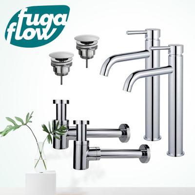 FugaFlow Eccelente Sobrado Kit robinet lavabo - pour double vasque - bonde non-obturable - siphon design bas - Chrome brillant