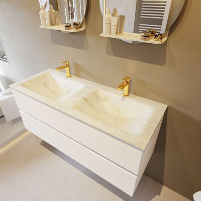 Mondiaz VICA-DLUX Ensemble de meuble de salle de bain - 120cm - meuble sous-vasque talc - 2 tiroirs - lavabo encastré cloud double - 2 trous de robinet - version haute de 60cm - opalo