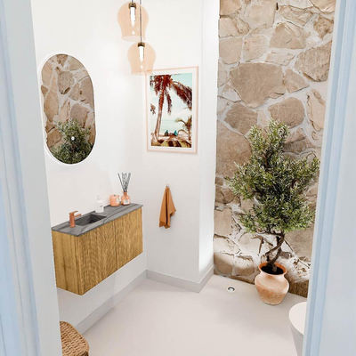 Mondiaz JOYA-DLUX 70cm toiletmeubel - kleur Oak - Wastafel FAYE positie Links 1 kraangat kleur Sombra.