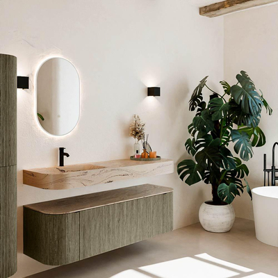 MONDIAZ THOR-DLUX 150cm meuble de salle de bains arrondi gauche + droite couleur Shadow avec 1 tiroir et 2 portes. Vasque suspendue CLOUD Gauche 1 trou de robinet couleur Arena.