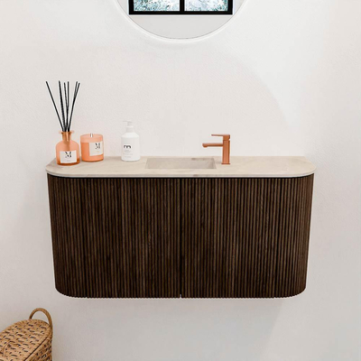 Mondiaz JOYA-DLUX 83.2cm toiletmeubel - ronding links en rechts kleur Walnut - Wastafel FAYE positie Midden 1 kraangat kleur Frappe.