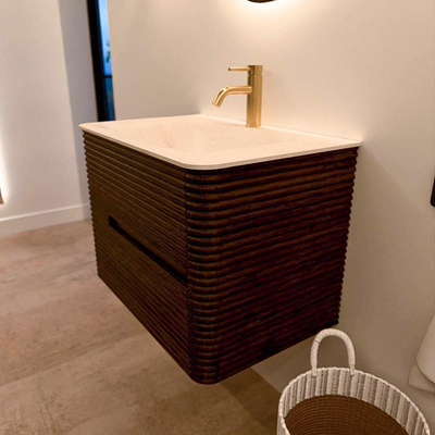 Mondiaz CIRO-DLUX Badkamermeubelset - 70x45x50cm - Solid surface wastafel Meli - 1 wasbak Midden - 1 kraangat - 2 lades - Walnut