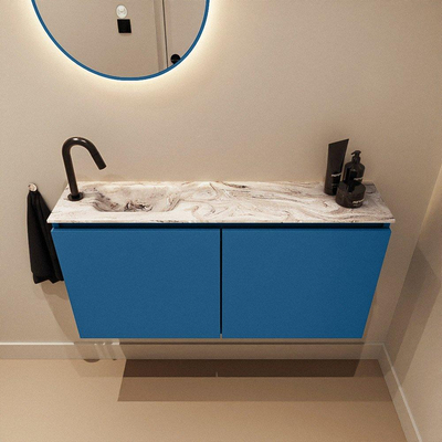 MONDIAZ TURE-DLUX meuble de toilettes 100 cm Jeans. EDEN lavabo Glace position gauche. Avec 1 trou de robinet.