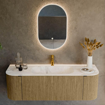 Mondiaz KURVE-DLUX Ensemble de meuble - 140x46x40cm - 1 tiroir - 2 portes - lavabo en solid surface - milieu - 1 trou de robinet - Dusk