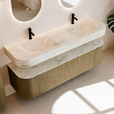 MONDIAZ THOR-DLUX 160cm meuble de salle de bains arrondi gauche + droite couleur Dusk avec 1 tiroir et 2 portes. Vasque suspendue CLOUD Double 2 trous de robinet couleur Ostra.