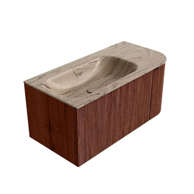 MONDIAZ KURVE-DLUX Meuble de salle de bains 95cm arrondi à droite couleur Ruby avec 1 tiroir et 1 porte. Lavabo BIG SMALL à gauche sans trou de robinet Arena.