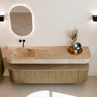 MONDIAZ THOR-DLUX 180cm meuble de salle de bains arrondi gauche + droite couleur Dusk avec 2 tiroirs et 2 portes. Vasque suspendue CLOUD gauche sans trou de robinet couleur Arena.