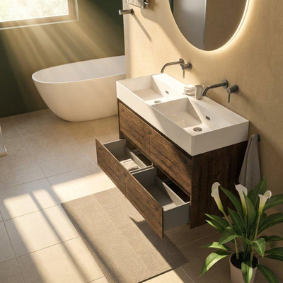 Saniclass Holz Pure Ensemble meuble de salle de bains - 120x45x72cm - Legend lavabo en céramique blanc - 2 vasques - sans trous de robinetterie - 4 tiroirs - chêne charcoal mat (bois)