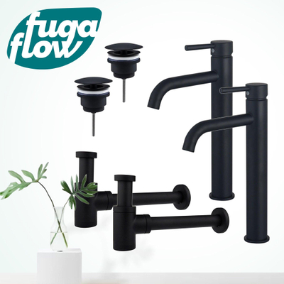 FugaFlow Eccelente Sobrado Badkamer Wastafelkraanset - voor dubbele wastafel - verhoogde wastafelkraan - always open plug - verlaagde design sifon - Mat zwart