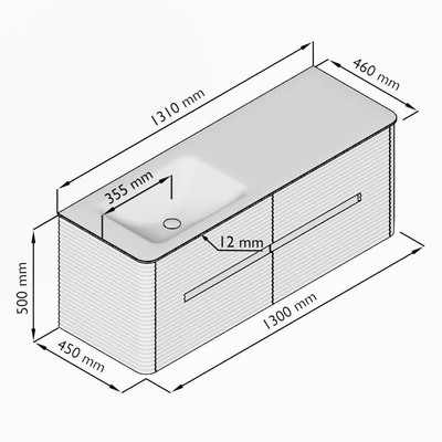 Mondiaz CIRO-DLUX Badkamermeubelset - 130x45x50cm - Solid surface wastafel Opalo - 1 wasbak Links - zonder kraangaten - 4 lades - Oak