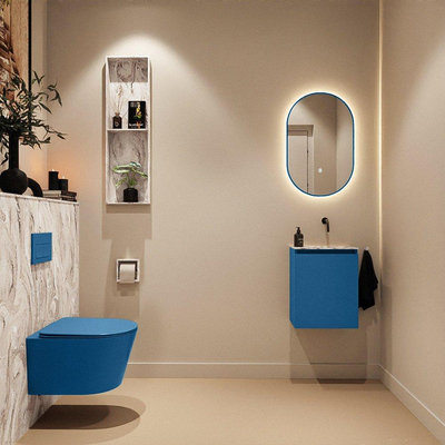 MONDIAZ TURE-DLUX Meuble toilette - 40cm - Jeans - EDEN - vasque Glace - position droite - sans trou de robinet