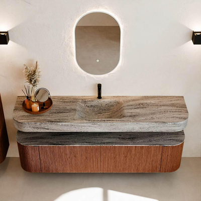 MONDIAZ THOR-DLUX Meuble de salle de bains - 180cm - arrondi gauche + droite - couleur Ruby - 2 tiroirs - 2 portes - Vasque suspendue CLOUD Milieu 1 trou de robinet couleur Oza