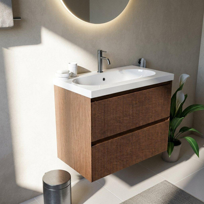 Saniclass Holz Atelier Ensemble meuble de salle de bains - 80x45x63,5cm - lavabo en céramique Palermo blanc - 1 vasque - 1 trou de robinetterie - 2 tiroirs - walnut pure mat (bois)