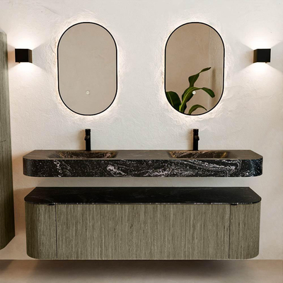 MONDIAZ THOR-DLUX Meuble de salle de bains - 170cm - arrondi gauche + droite - couleur Shadow - 1 tiroir et 2 portes - Vasque suspendue CLOUD Double 2 trous de robinet - couleur Lava