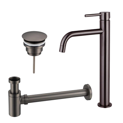 Fortifura Calvi Slim Wastafelkraanset - verhoogde wastafelkraan - always open plug - verlaagde design - sifon - PVD - geborsteld gunmetal (antraciet)